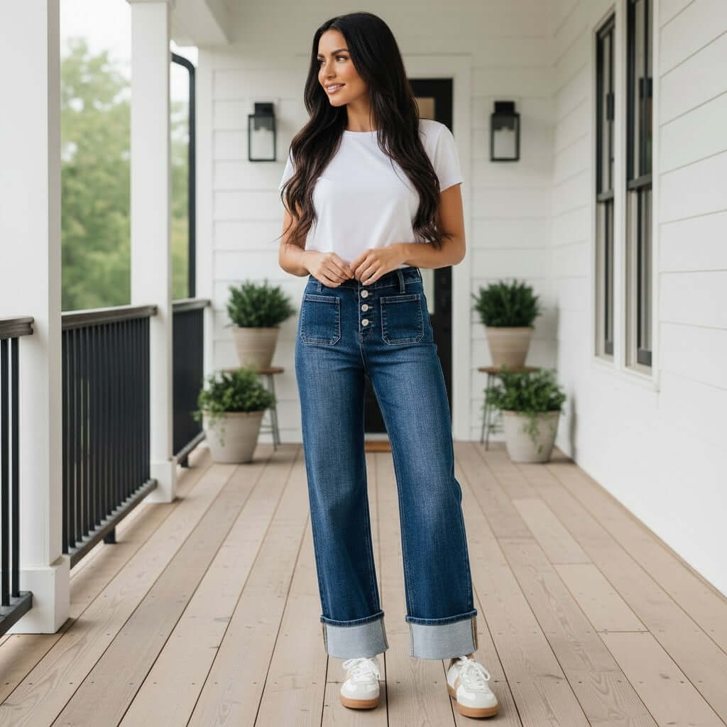 RISEN - KORIE BUTTON FLY JEANS (DK wash) model showcasing wide-leg design and cuffed hems on a porch.