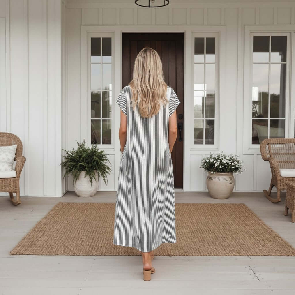 Woman wearing RIGHT DIRECTION DRESS standing on porch with striped maxi design against home entrance.