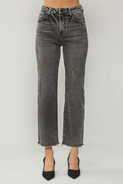 RISEN Veronica Jeans in acid wash black, high rise straight leg with frayed hem, stylish and trendy denim.