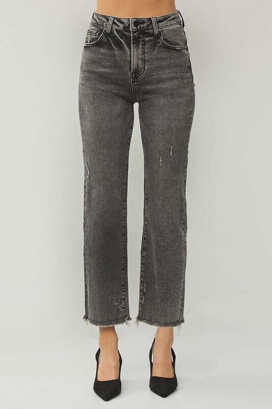 RISEN Veronica Jeans in acid wash black, high rise straight leg with frayed hem, stylish and trendy denim.