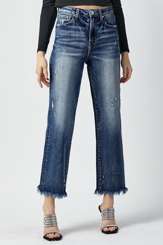 RISEN Bianca Jeans: High rise, straight leg denim with trendy frayed hem, perfect for fashion-forward looks.