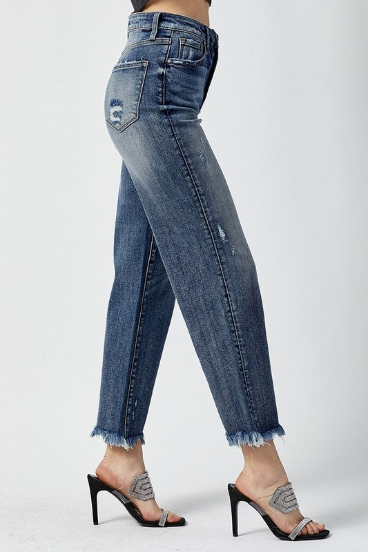 RISEN Bianca Jeans with frayed hem, straight leg design, and model wearing stylish heels.