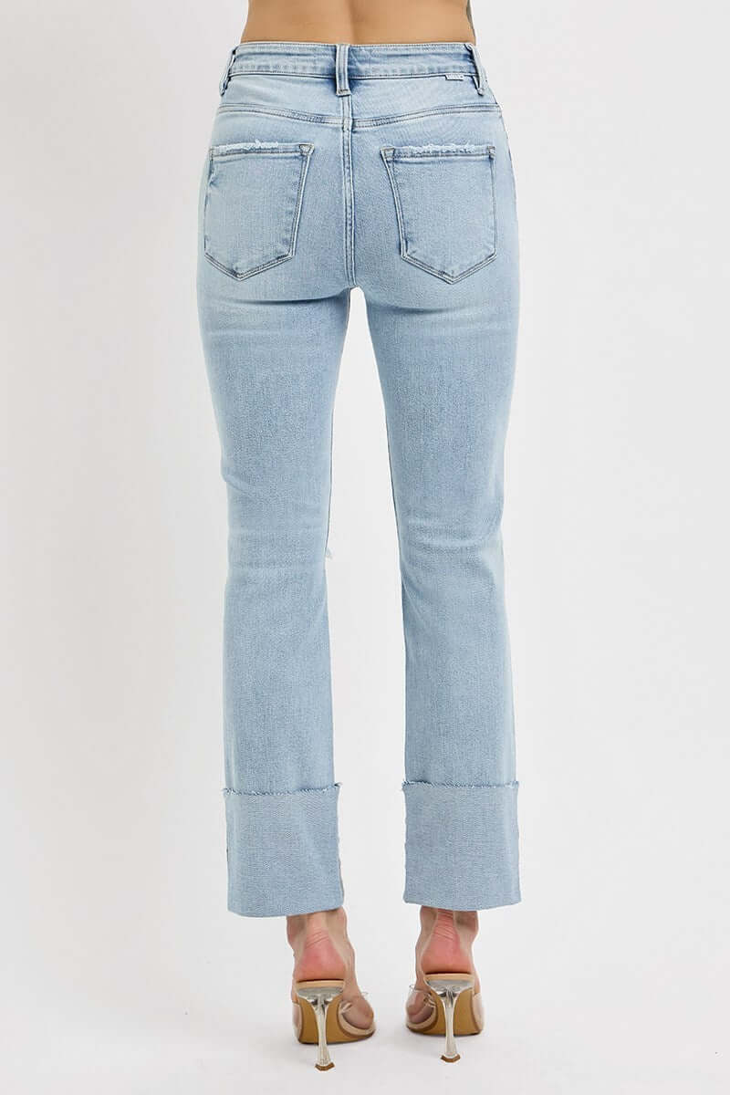 Rear view of RISEN VANESSA JEANS featuring high rise and wide cuff design for a stylish look.
