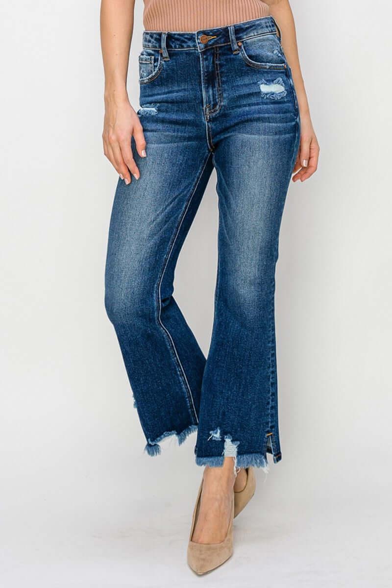 RISEN Marley Jeans in dark wash with slight distressing, high rise, and flare bottom for a stylish silhouette.