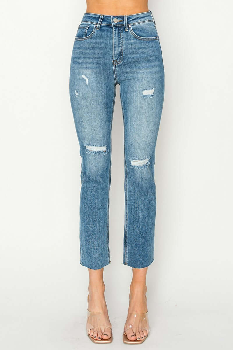 Celeste high-rise distressed slim straight jeans by Risen, featuring a stylish fit and modern design.