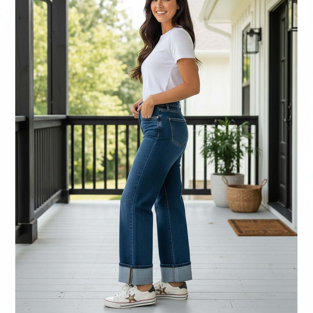 Woman wearing RISEN - KORIE BUTTON FLY JEANS (DK wash) with a white t-shirt and sneakers on a porch.