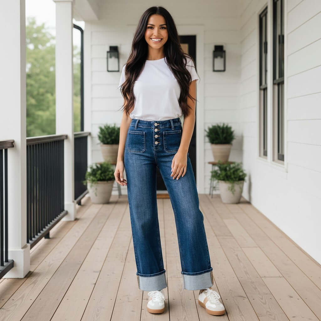 RISEN - KORIE BUTTON FLY JEANS (DK wash) model wearing wide-leg jeans with button fly and cuffed hem.