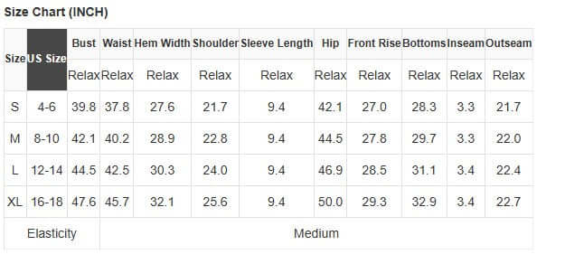 Size chart for CASUAL ESCAPE ROMPER showing measurements for S, M, L, and XL sizes.