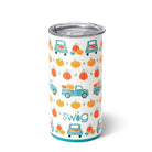 Pumpkin Patch Slim Tumbler by Swig featuring vintage trucks and pumpkins, perfect for fall drinks on-the-go.