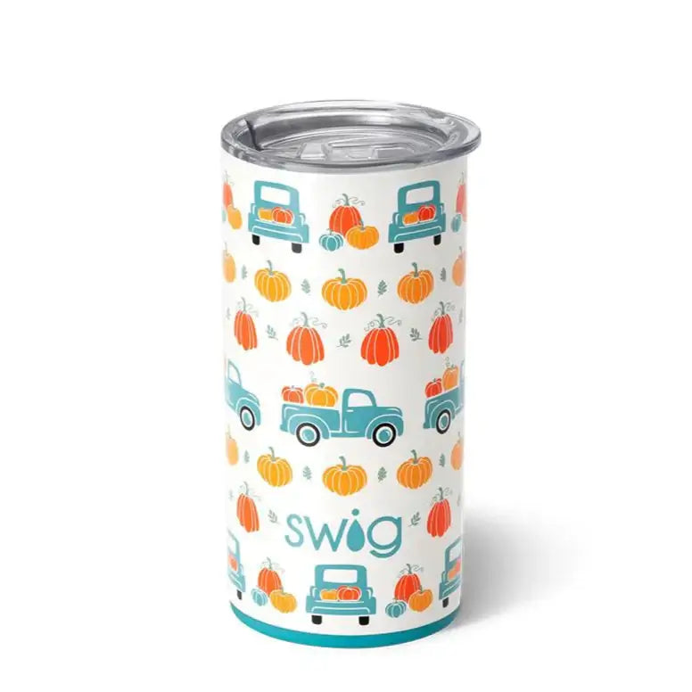 Pumpkin Patch Slim Tumbler by Swig featuring vintage trucks and pumpkins, perfect for fall drinks on-the-go.