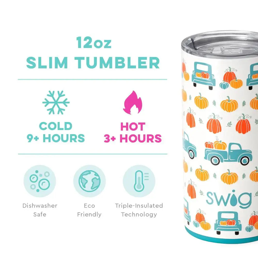 Swig 12oz slim tumbler with pumpkins, showcasing cold & hot retention times, eco-friendly, and dishwasher safe features.