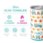 Swig 12oz slim tumbler with pumpkins, showcasing cold & hot retention times, eco-friendly, and dishwasher safe features.