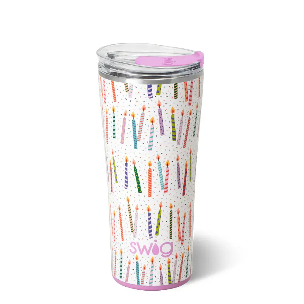 MAKE A WISH 22 oz - SWIG tumbler with colorful candle design for cold beverages and celebrations.