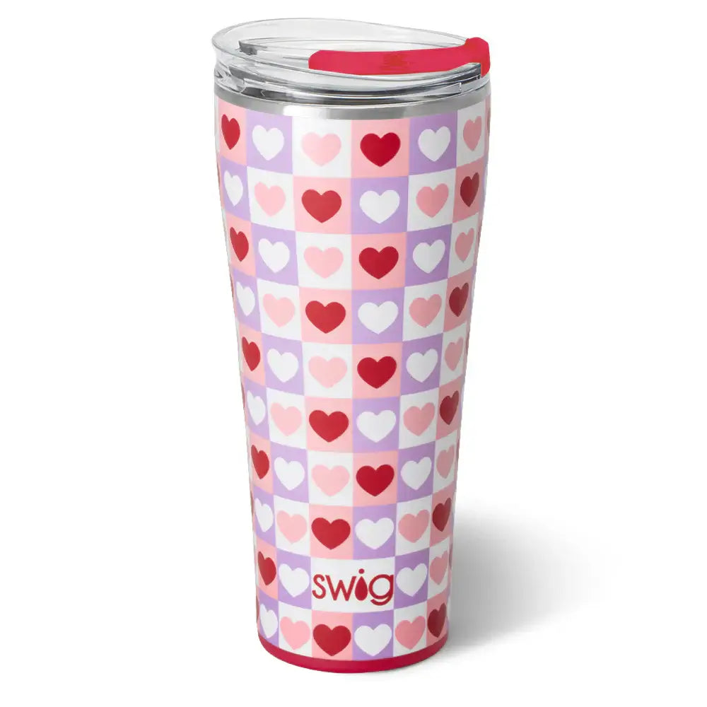 CHECK YES TUMBLER- SWIG with hearts design on a glitter white background, perfect for Valentine's Day.