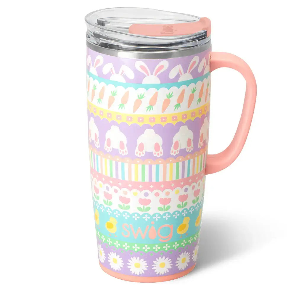 BUNNY TRAIL 22 OZ TRAVEL MUG - Swig Life with pastel patchwork design featuring bunnies, carrots, and spring flowers.