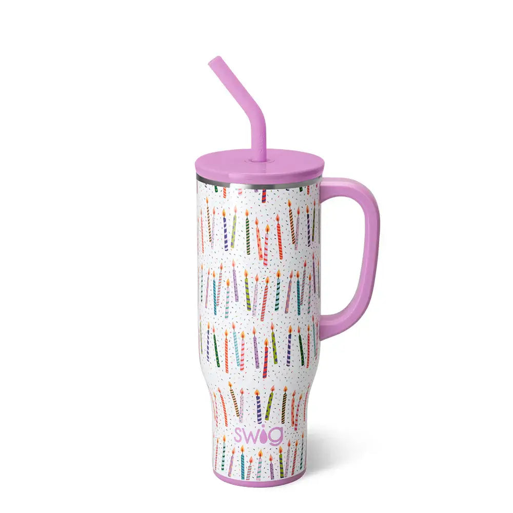 MAKE A WISH 30 oz - SWIG Mega Mug with colorful candle design and straw, perfect for celebrations and hydration.