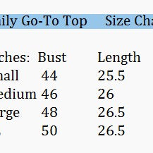 Daily Go-To Top size chart showing bust and length measurements for Small, Medium, Large, and XL.