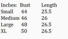 Daily Go-To Top size chart showing bust and length measurements for Small, Medium, Large, and XL.