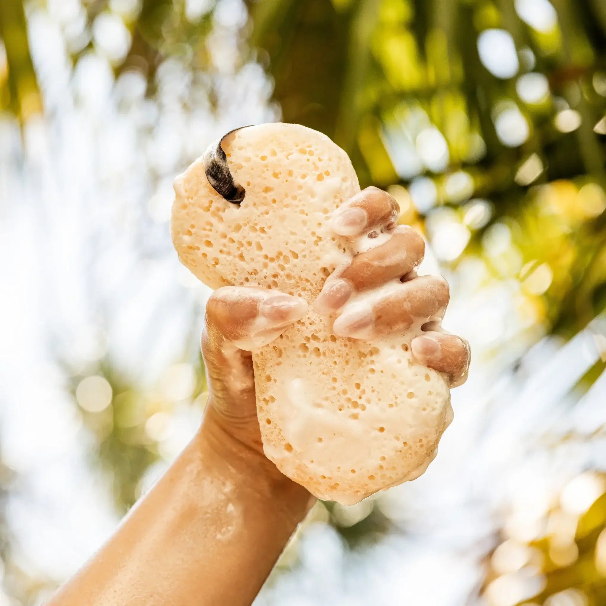 A person holding SWEET GRACE BATH SPONGE covered in rich lather against a blurred tropical background.