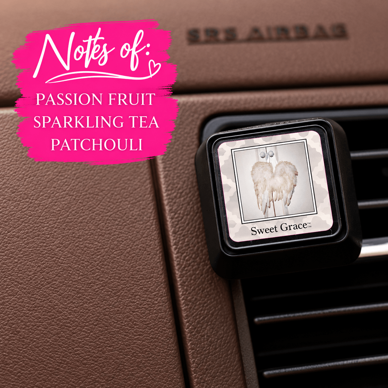 SWEET GRACE VENT CLIP attached to a car vent showcasing notes of passion fruit, sparkling tea, and patchouli.