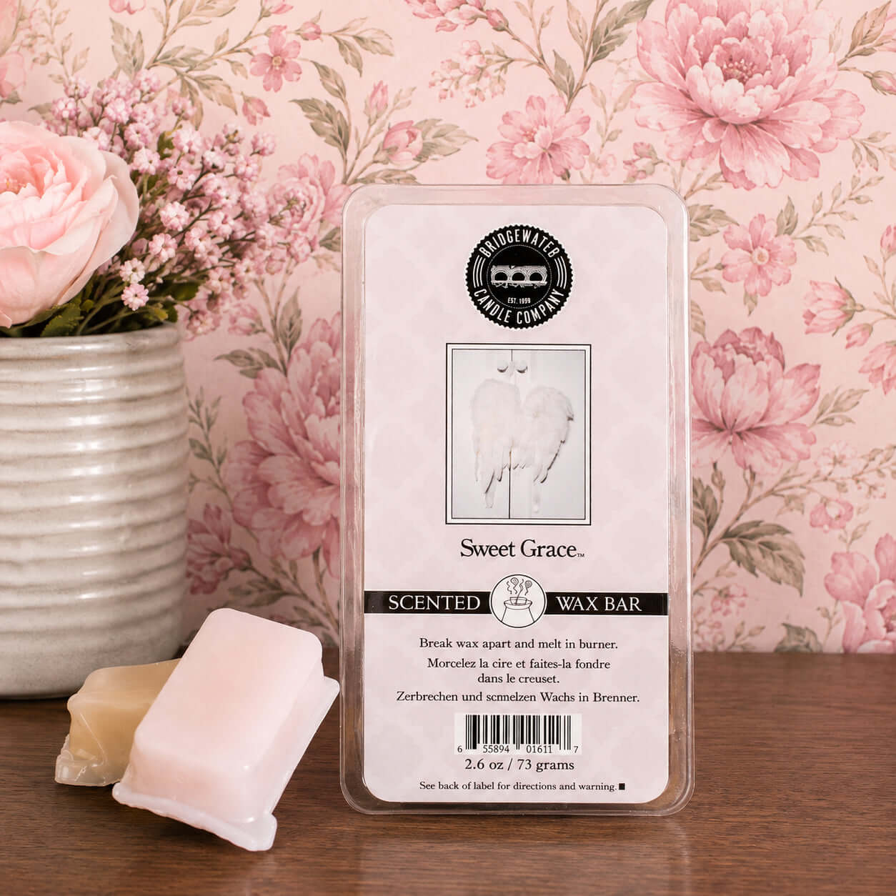 SWEET GRACE WAX MELTS packaged by Bridgewater Candle Company with floral background.