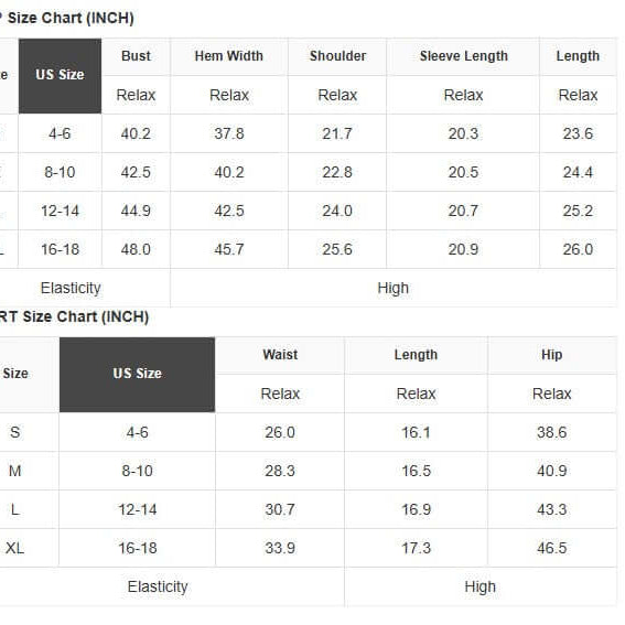 Size chart for SIMPLE SERENITY SKORT SET (mocha), detailing measurements for tops and skirts.
