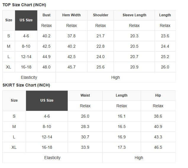 Size chart for SIMPLE SERENITY SKORT SET (mocha), detailing measurements for tops and skirts.