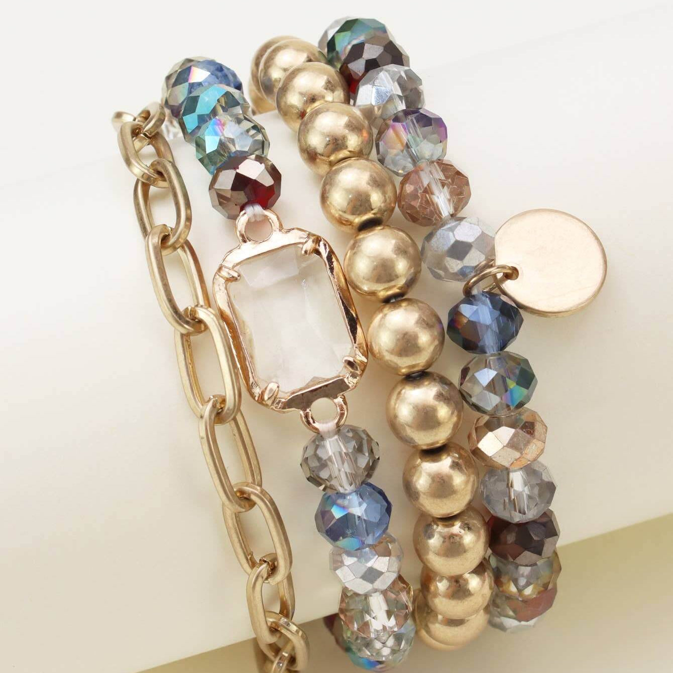 Prism Collection 4-piece bracelet set with metallic, faceted beads in pastel and vibrant colors.