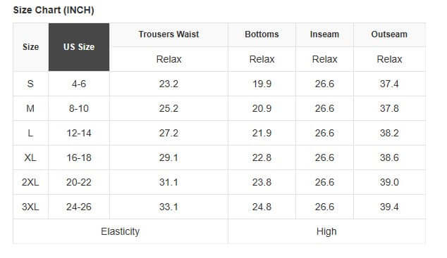 Size chart for WALK AWAY leggings showing US sizes, waist, bottoms, inseam, and outseam measurements.