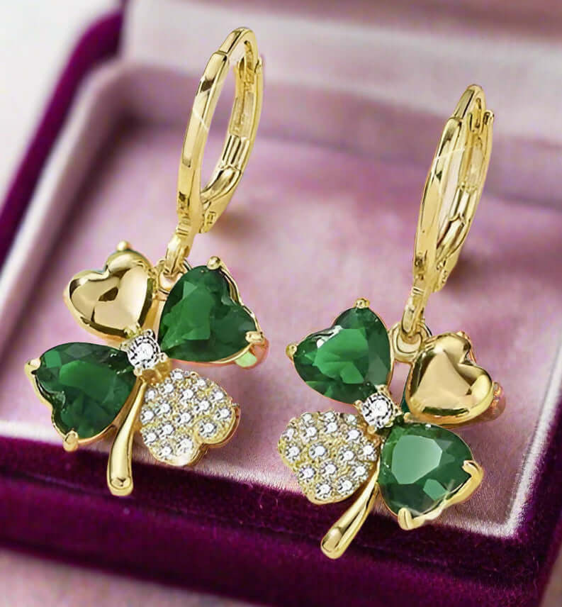 Stunning gold-tone So Lucky Earrings with green clover and rhinestones, perfect for St. Patrick's Day.