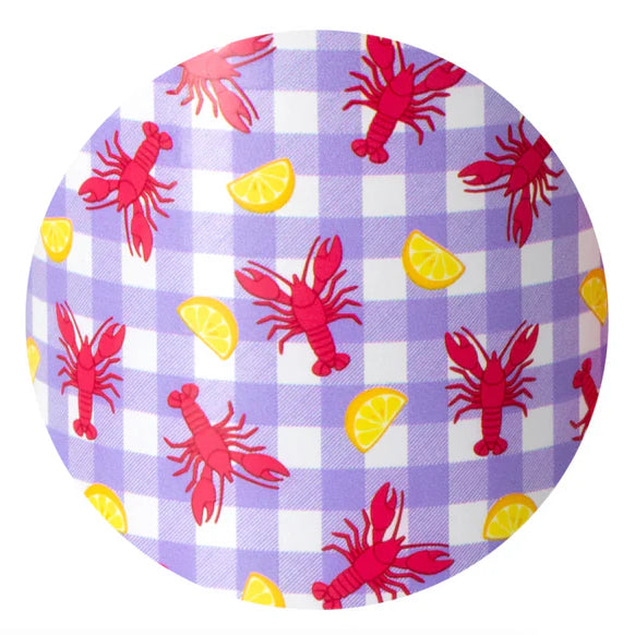 LET THE GOOD TIMES BOIL - 40 OZ TRAVEL MUG - Swig featuring a vibrant crawfish and lemon design on a checkered background.