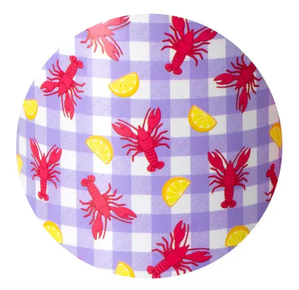 LET THE GOOD TIMES BOIL - 40 OZ TRAVEL MUG - Swig with a colorful crawfish and lemon design on a purple checkered background.
