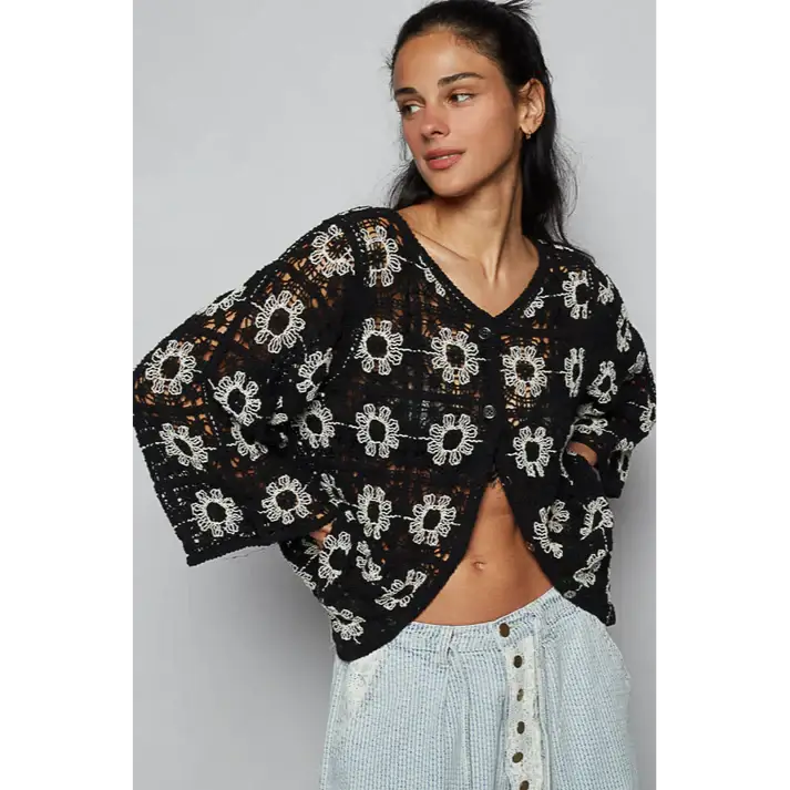 Black Dahlia Cardigan by POL featuring floral embroidery on a breathable black crochet design.