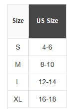 Size chart showing US sizes for S, M, L, and XL for easy reference when purchasing clothing.