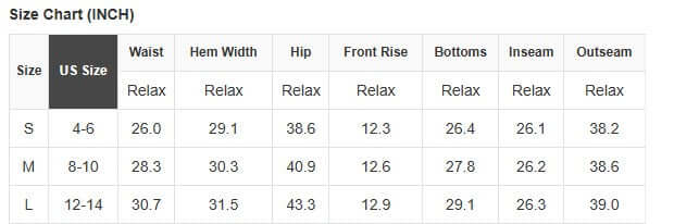 Size chart for CHARMED COMFORT WIDE LEG PANTS, including waist, hip, and inseam measurements for S, M, L sizes.