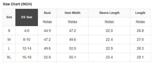 Size chart for TRUE PASSION TOP showing US sizes S to XL with measurements for bust, hem width, sleeve length, and overall length.