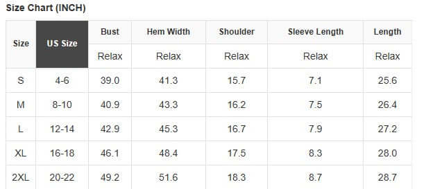 Size chart for HELLO FALL TEE showing measurements for different sizes in inches.