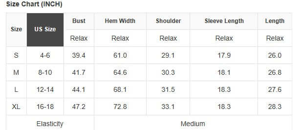 PATCHWORK POETRY TOP size chart showing bust, hem width, shoulder, sleeve length, and length measurements.