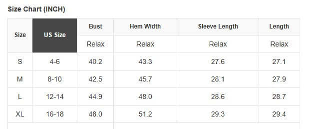 Size chart for CITRUS CRUSH TOP showing US sizes and measurements in inches.