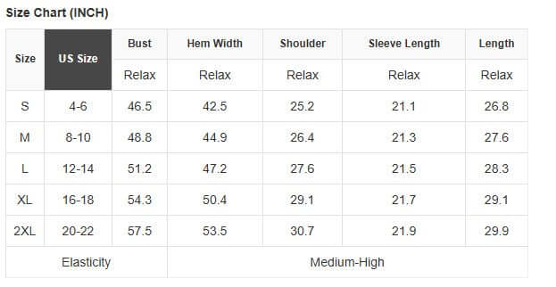Size chart for MAPLE CIDER CREWNECK TOP showing measurements for S, M, L, XL, and 2XL for proper fitting.
