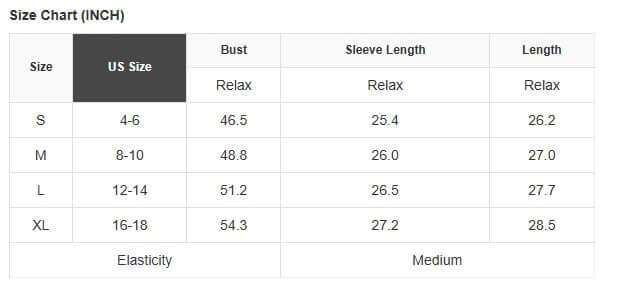 Size chart for SWEET ESCAPE TOP showing US sizes and measurements including bust, sleeve length, and overall length.