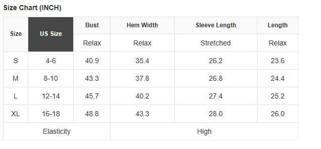 Size chart for STARSTRUCK SWEATER showing US sizes, bust, hem width, sleeve length, and overall length in inches.