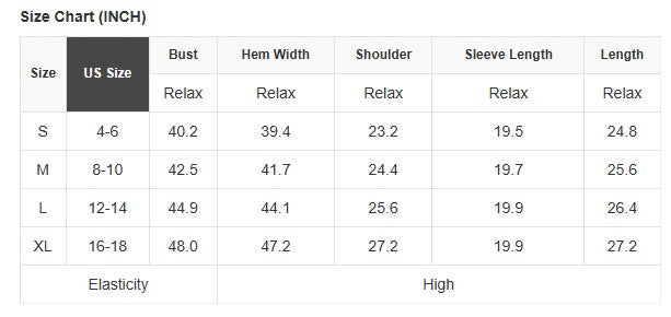 Size chart for BLUSHLINE BEAUTY TOP in inches, showing measurements for various sizes S, M, L, and XL.