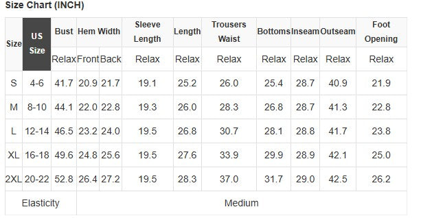 Size chart for LAKEHOUSE LUXE PANTS SET featuring US sizes, bust and measurement details.