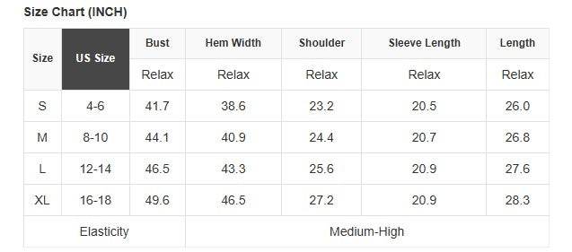 Size chart for COMFORT CRUSH CREWNECK showing US sizes including bust, hem width, shoulder, sleeve length, and length.