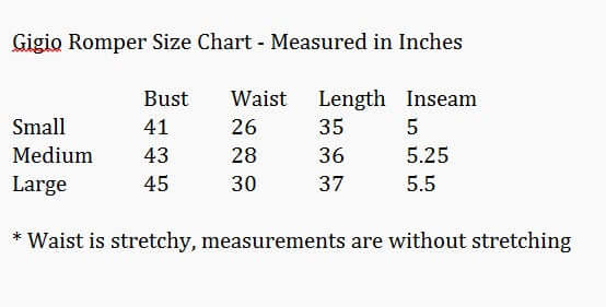 Gigio romper size chart with measurements for bust, waist, length, and inseam for Small, Medium, and Large.