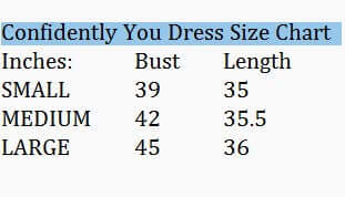 Confidently You Dress - Gigio size chart detailing bust and length measurements for small, medium, and large sizes.
