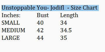 Unstoppable You Dress - Jodifl size chart demonstrating dimensions for small, medium, and large options.