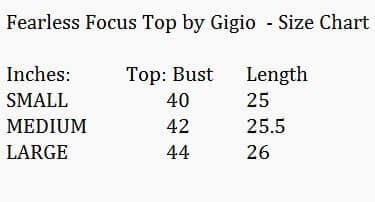 Fearless Focus - GIGIO (black) size chart showing bust and length measurements for small, medium, and large.