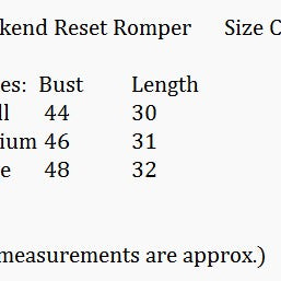 Size chart for WEEKEND RESET ROMPER - Umgee detailing bust and length measurements for Small, Medium, and Large sizes.